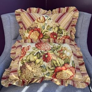 Waverly Floral Rose Peony Hydrangea Striped Ruffle Pillows Square Oblong Set